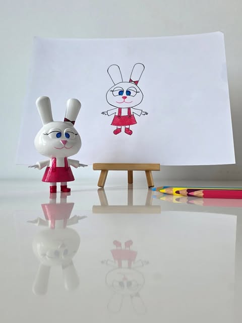 A white bunny in a pink dress beside its original drawing