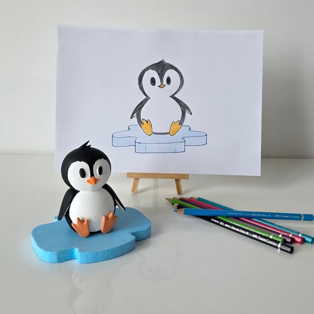A penguin art piece on an ice-blue base with its original drawing